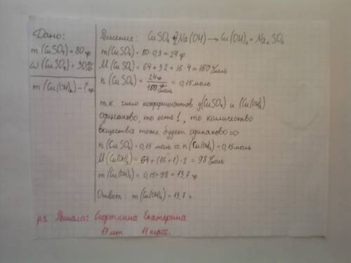 Какую массу гидроксида меди (ii) можно получить из 80г 30% -ного раствора сульфата меди (ii)? только