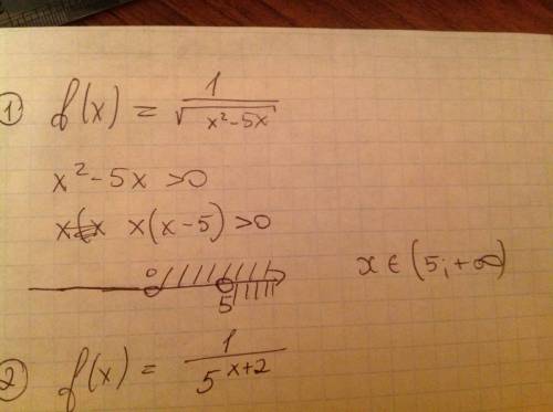 Найти область определения функции,заданных формулами: 1 f(х)=1/(корень из: х в квадрате-5х) 2 f(х)=1