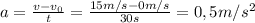 a = \frac{v - v_{0}}{t} = \frac{15 m/s - 0 m/s}{30 s} = 0,5 m/s^{2}