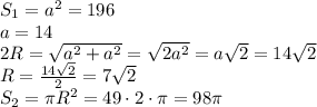 S_1=a^2=196\\a=14\\2R=\sqrt{a^2+a^2}=\sqrt{2a^2}=a\sqrt{2}=14\sqrt{2}\\R= \frac{14\sqrt{2}}{2}=7\sqrt{2}\\S_2=\pi R^2=49\cdot2\cdot \pi =98 \pi