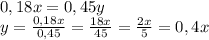 0,18x=0,45y\\&#10;y=\frac{0,18x}{0,45}=\frac{18x}{45}=\frac{2x}{5}=0,4x