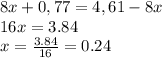 8x+0,77=4,61-8x&#10;\\\&#10;16x=3.84&#10;\\\&#10;x= \frac{3.84}{16}= 0.24