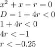 x^2+x-r=0&#10;\\\&#10;D=1+4r<0&#10;\\\&#10;1+4r<0&#10;\\\&#10;4r<-1&#10;\\\&#10;r<-0.25
