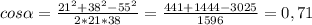 cos \alpha = \frac{ 21^{2} + 38^{2} - 55^{2} }{2*21*38}= \frac{441+1444-3025}{1596}= 0,71