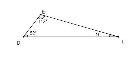 Втреугольнике def известно, что угол d=52 градуса, угол e=112 градусов. укажите верное неравенство: