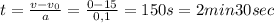 t = \frac{v - v_{0}}{a} = \frac{0-15}{0,1} = 150 s = 2 min 30 sec