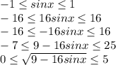 -1 \leq sinx \leq 1&#10;\\\&#10;-16 \leq 16sinx \leq 16&#10;\\\&#10;-16 \leq -16sinx \leq 16&#10;\\\&#10;-7 \leq 9-16sinx \leq 25&#10;\\\&#10;0 \leq \sqrt{9-16sinx} \leq 5