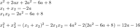 x^2+2ax+2a^2-6a+8\\ x_{1}+x_{2}=-2a\\ x_{1}x_{2}= 2a^2-6a+8\\ \\ &#10;x_{1}^2+x_{2}^2=(x_{1}+x_{2})^2-2x_{1}x_{2}=4a^2-2(2a^2-6a+8)=12a-16\\&#10;