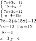 \left \{ {{7x+3y=12} \atop {15x+y=4}} \right. &#10;&#10; \left \{ {{7x+3y=12} \atop {y=4-15x}} \right. &#10;&#10;7x+3(4-15x)=12&#10;&#10;7x+12-15x=12&#10;&#10;-8x=0&#10;&#10;x=0&#10;y=4&#10;&#10;