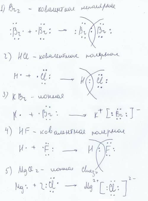 Определите тип связи и запишите схему образования : 1) бром 2 2)hci 3)kbr 4) hf 5) магний хлор 2