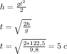 h=\frac{gt^2}{2}&#10;\\\\t=\sqrt{\frac{2h}{g}}&#10;\\\\t=\sqrt{\frac{2*122,5}{9,8}}=5\ c
