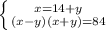 \left \{ {{x=14+y} \atop {(x-y)(x+y)=84}} \right.