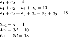 a_{1}+a_{2}=4\\&#10;a_{1}+a_{2}+a_{3}+a_{4}=10\\&#10;a_{1}+a_{2}+a_{3}+a_{4}+a_{5}+a_{6}=18\\&#10;\\&#10;2a_{1}+d=4\\&#10;4a_{1}+3d=10\\&#10;6a_{1}+5d=18\\&#10;\\&#10;