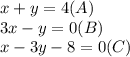 x+y=4(A)\\&#10;3x-y=0(B)\\&#10;x-3y-8=0(C)\\