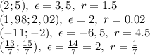 (2;5), \ \epsilon=3,5, \ r = 1.5&#10;\\\&#10;(1,98;2,02), \ \epsilon=2, \ r = 0.02&#10;\\\&#10; (-11;-2), \ \epsilon=-6,5, \ r = 4.5&#10;\\\&#10; ( \frac{13}{7} ; \frac{15}{7}), \ \epsilon= \frac{14}{7}=2 , \ r = \frac{1}{7}