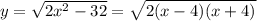 y= \sqrt{2 x^{2} -32}= \sqrt{2(x-4)(x+4)}