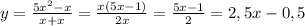 y= \frac{5x^2-x}{x+x}= \frac{x(5x-1)}{2x}= \frac{5x-1}{2}=2,5x-0,5