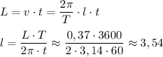 L=v\cdot t=\dfrac {2\pi}{T}\cdot l\cdot t\\\\l=\dfrac{L\cdot T}{2\pi\cdot t}\approx\dfrac{0,37\cdot 3600}{2\cdot 3,14\cdot 60}\approx 3,54