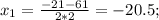 x_1=\frac{-21-61}{2*2}=-20.5;