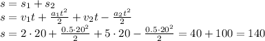 s=s_1+s_2&#10;\\\&#10;s=v_1t+ \frac{a_1t^2}{2} +v_2t- \frac{a_2t^2}{2}&#10;\\\&#10;s=2\cdot20+ \frac{0.5\cdot20^2}{2} +5\cdot20- \frac{0.5\cdot20^2}{2}=40+100=140