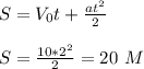 S = V_0t+\frac{at^2}{2}&#10;\\\\S = \frac{10*2^2}{2} = 20\ M