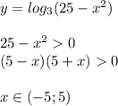 y=log_{3}(25-x^2)\\\\25-x^20\\(5-x)(5+x)0\\\\x\in(-5;5)