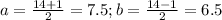 a=\frac{14+1}{2}=7.5;b=\frac{14-1}{2}=6.5