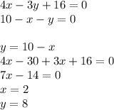 4x-3y+16=0\\&#10;10-x-y=0\\&#10;\\&#10;y=10-x\\&#10;4x-30+3x+16=0\\&#10;7x-14=0\\&#10;x=2\\&#10;y=8\\&#10;