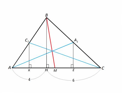 Проекции двух сторон остроугольного треугольника авс на прямую ас имеют длины 6 см и 4 см. какую дли