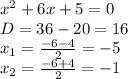 x^2+6x+5=0\\\&#10;D=36-20=16\\\&#10;x_1=\frac{-6-4}{2}=-5\\\&#10;x_2=\frac{-6+4}{2}=-1\\\ \\\ &#10;&#10;