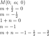 M(0; \ \alpha ; \ 0)&#10;\\\&#10;m+ \frac{1}{2} =0&#10;\\\&#10;m=- \frac{1}{2} &#10;\\\&#10;1+n=0&#10;\\\&#10;n=-1&#10;\\\&#10;m+n=-1- \frac{1}{2} =- \frac{3}{2}