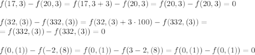 f(17,3)-f(20,3)=f(17,3+3)-f(20,3)=f(20,3)-f(20,3)=0&#10;\\\\&#10;f(32,(3))-f(332,(3))=f(32,(3)+3\cdot100)-f(332,(3))= \\\ =f(332,(3))-f(332,(3))=0&#10;\\\\&#10;f(0,(1))-f(-2,(8))=f(0,(1))-f(3-2,(8))=f(0,(1))-f(0,(1))=0