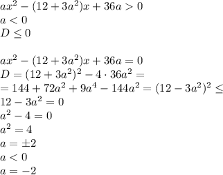 ax^2 - (12 + 3a^2)x + 36a 0 \\\ a<0 \\\ D \leq 0 \\\\ ax^2 - (12 + 3a^2)x + 36a = 0 \\\ D=(12 + 3a^2)^2-4\cdot36a^2= \\\ =144+72a^2+9a^4-144a^2=(12-3a^2)^2 \leq &#10;\\\&#10;12-3a^2=0&#10;\\\&#10;a^2-4=0&#10;\\\&#10;a^2=4&#10;\\\&#10;a=\pm2&#10;\\\&#10;a<0&#10;\\\&#10;a=-2