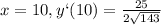 x=10,y`(10)=\frac{25}{2\sqrt{143}}