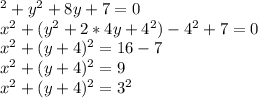 \x^2+y^2+8y+7=0\\x^2+(y^2+2*4y+4^2)-4^2+7=0\\x^2+(y+4)^2=16-7\\x^2+(y+4)^2=9\\x^2+(y+4)^2=3^2