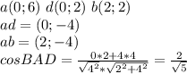 a(0;6)\ d(0;2) \ b(2;2)\\&#10;ad= (0;-4)\\&#10;ab= (2;-4)\\&#10;cosBAD=\frac{ 0*2+4*4}{\sqrt{4^2}*\sqrt{2^2+4^2}} = \frac{2}{\sqrt{5}}
