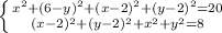 \left \{ {{x^2+(6-y)^2+(x-2)^2+(y-2)^2=20} \atop {(x-2)^2+(y-2)^2+x^2+y^2=8}} \right.