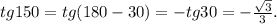 tg150=tg(180-30)=-tg30= -\frac{ \sqrt{3} }{3}.