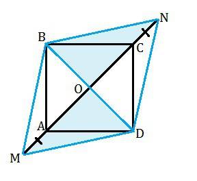 На продолжении диагонали ac квадрата abcd отложены равные отрезки am и cn.докажите что bndm ромб