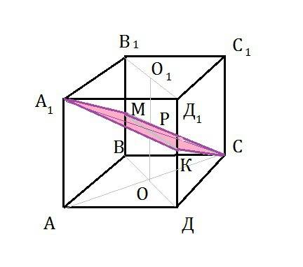 Найдите площадь сечения единичного куба плоскостью, проходящей через вершину c и середины ребер bb,