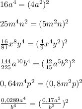 16a^4=(4a^2)^2\\\\25m^4n^2=(5m^2n)^2\\\\ \frac{16}{81} x^8y^4= (\frac{4}{9}x^4y^2)^2\\\\ \frac{144}{225}a^{10}b^4=( \frac{12}{15}a^5b^2)^2\\\\0,64m^4p^2=(0,8m^2p)^2\\\\ \frac{0,0289a^4}{b^6}= (\frac{0,17a^2}{b^3})^2