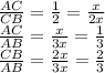\frac{AC}{CB} = \frac{1}{2} = \frac{x}{2x} &#10;\\\&#10; \frac{AC}{AB} = \frac{x}{3x} = \frac{1}{3} &#10;\\\&#10;\frac{CB}{AB} = \frac{2x}{3x} = \frac{2}{3}
