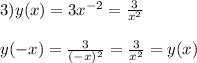 3)y(x)=3x^{-2}= \frac{3}{x^2} \\\\y(-x)= \frac{3}{(-x)^2}= \frac{3}{x^2}=y(x)