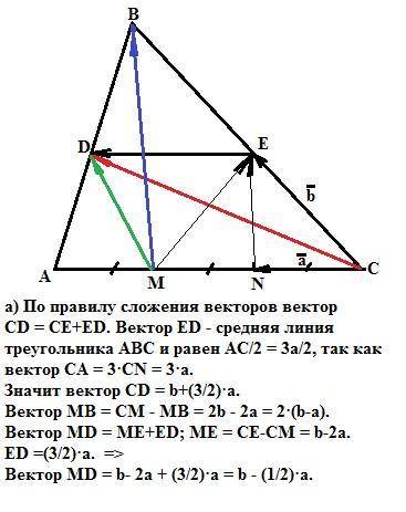 Точки d и e - середины сторон ab и bc треугольника abc, а точки m и n лежат на стороне ac, причем am