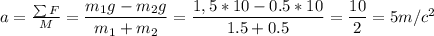a=\frac{\sum F}{M} = \dfrac{m_1g-m_2g}{m_1+m_2} = \dfrac{1,5*10-0.5*10}{1.5+0.5} = \dfrac{10}{2}=5m/c^2