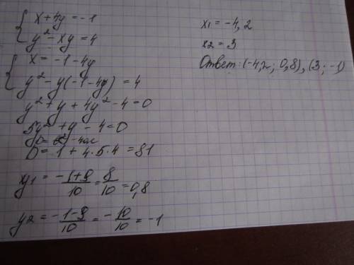 Решите систему уравнений {x+4y=-1{y^2-xy=4