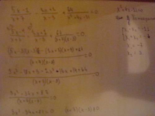 Найдите корни уравнения 5x-1/x+7 - 2x+2/x-3 + 64/x^2+4x-21=0