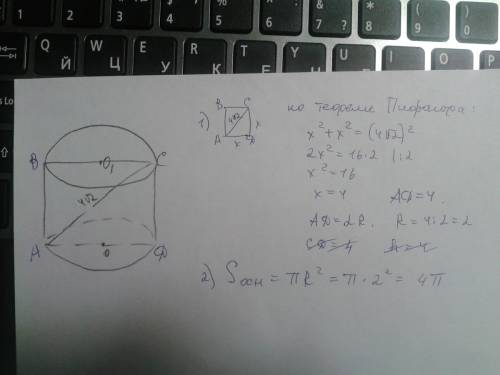 Осевое пересечение цилиндра - квадрат, диагональ которого 4√2. найти площадь основы цилиндра.