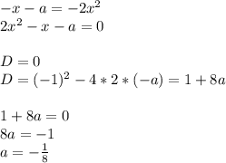 -x-a=-2x^2\\2x^2-x-a=0\\\\D=0\\D=(-1)^2-4*2*(-a)=1+8a\\\\1+8a=0\\8a=-1\\a=-\frac{1}{8}