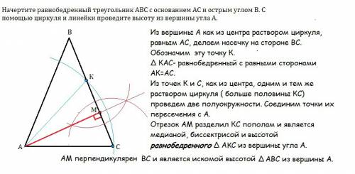 Начертите равнобедренный треугольник abc с основанием ac и острым углом b. с циркуля и линейки прове